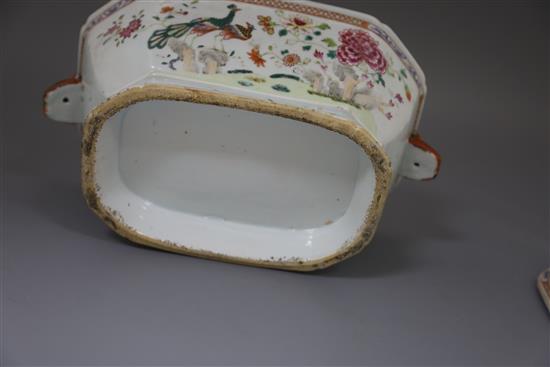 A Chinese export famille rose double peacock soup tureen and cover, Qianlong period, W. 34.5cm